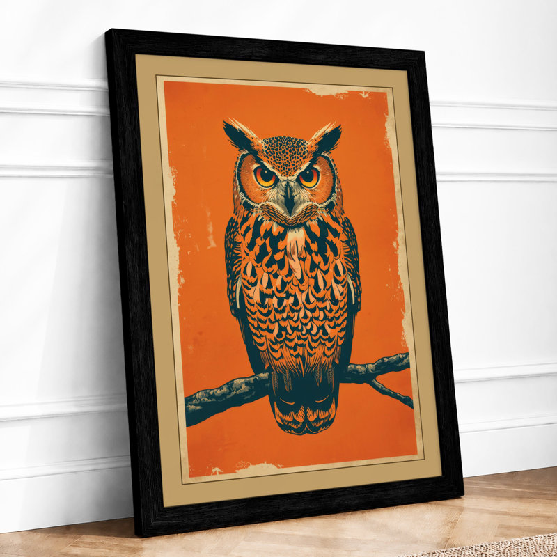 Centered Owl Mid-Century - Framed Print, A1 - 84.1 x 59.4 cm, Black