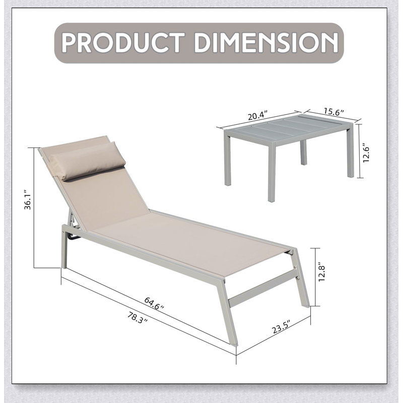 Ensemble de 3 chaises longues de patio, chaises longues de piscine en aluminium avec table d'appoint et fauteuil inclinable réglable