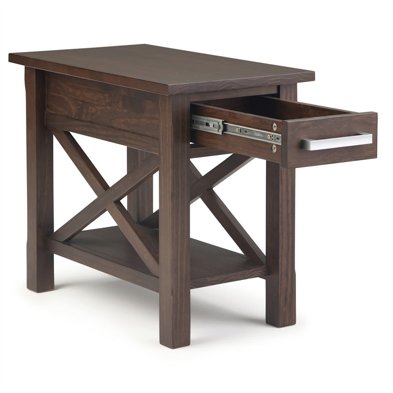 Table de bout étroite contemporaine en bois massif l 14 po avec tiroir Kitchener, 20" H x 14" W x 24" D, Noyer brun chaud