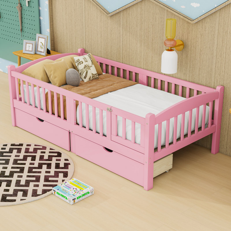 Lit plateforme en bois avec 2 tiroirs et garde-corps, Lit simple, Rose