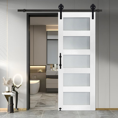 Ensemble de quincaillerie pour porte de grange coulissante en panneau de fibres à densité moyenne avec 5 portes en verre trempé givré et grande roue
