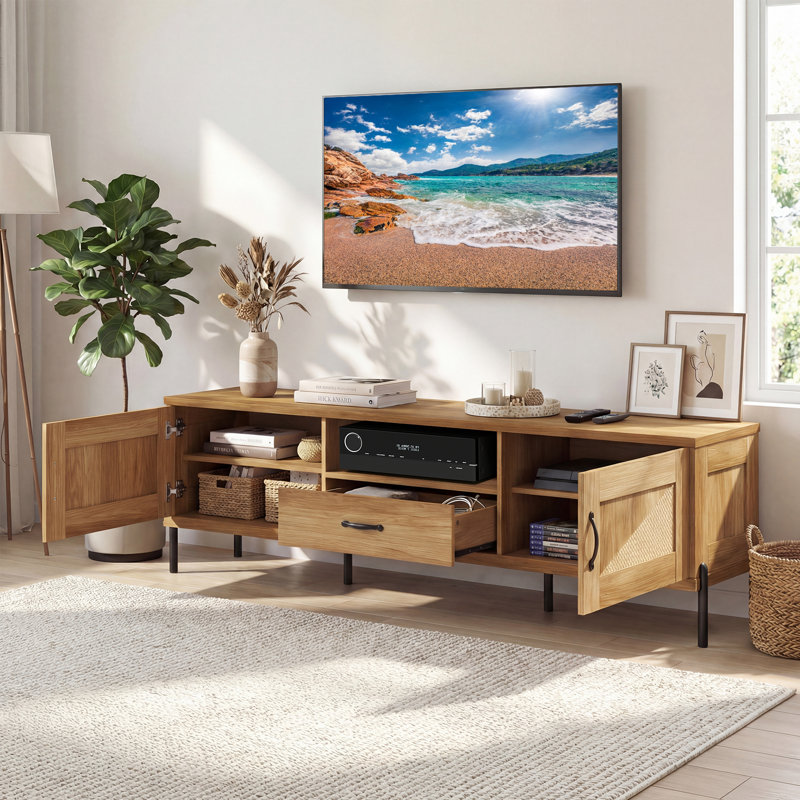 Meuble télé en rotin pour téléviseur de 80 po ou moins avec 2 armoires de rangement, tablette ouverte et tiroir