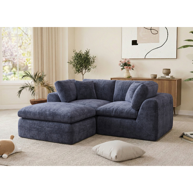 Boneless 79" Compact Cloud-Style Sectional, Chenille Sofa With Ottoman, High-Density Boneless Compression Foam, Navy