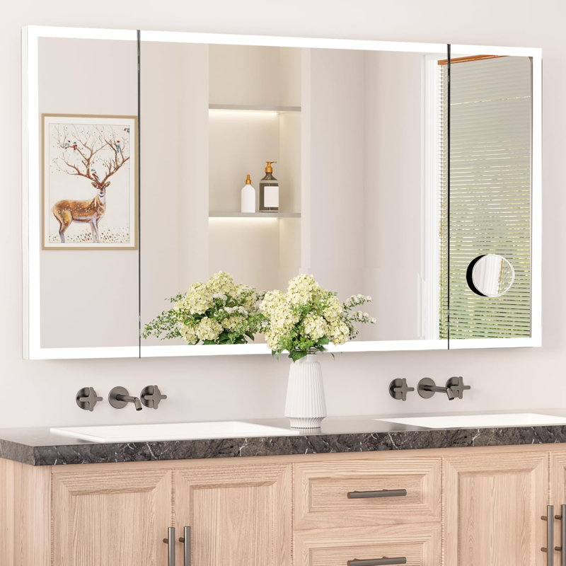 Tri-Fold Wall Mirror with Backlit, Front-lighted, Removable 10x Magnifying Mirror, Dimmer, Defogger, 36" x 66"