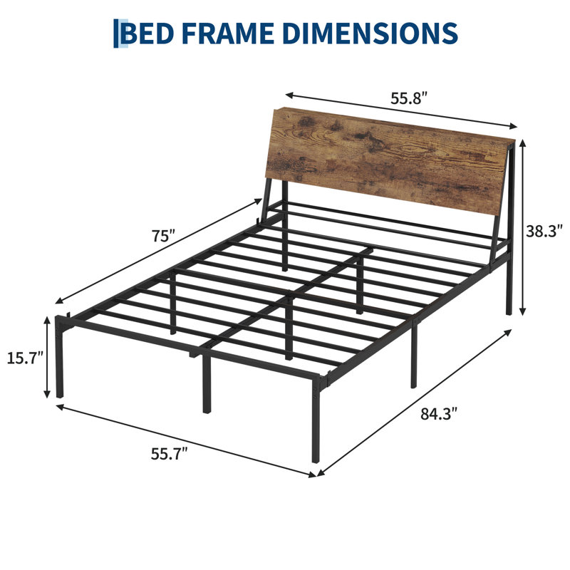 Structure de lit plateforme pleine grandeur en métal avec tête et pied de lit - Support silencieux durable, rangement sous le lit, mobilier de chambre à coucher moderne, assemblage facile, aucun sommier nécessaire