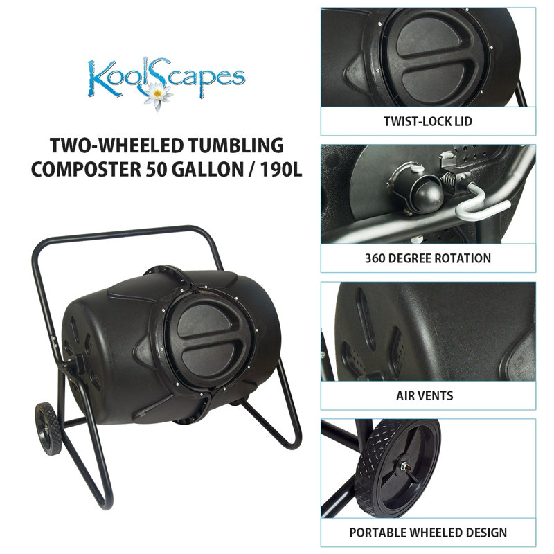 Black 50-Gallon Wheeled Tumbling Outdoor Composter with Steel Frame
