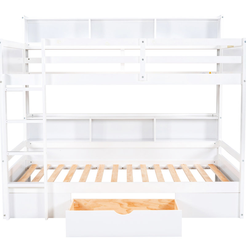 Simple - au-dessus de simple, blanc, lit superposé, tablettes encastrées, tiroir de rangement, fonctionnel, peu encombrant, lit en bois de pin blanc avec tiroir et facile à assembler pour la chambre à coucher
