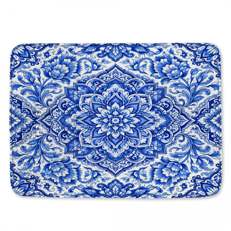 Blue Floral Mandala Bath Mat, 24in W x 17in L