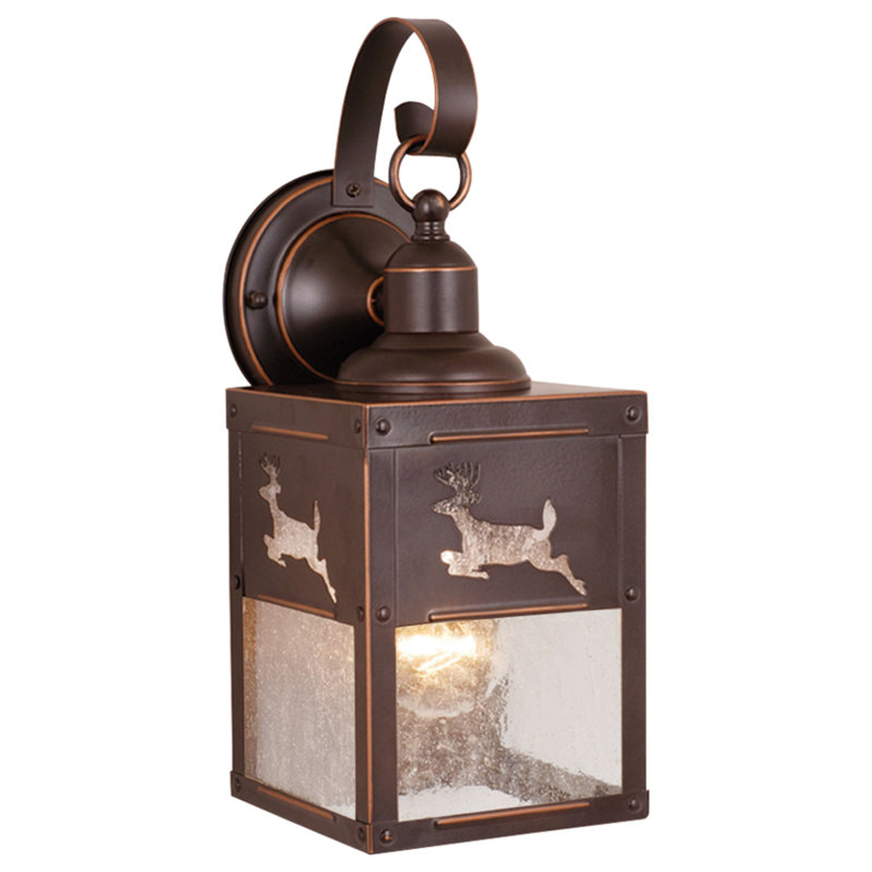 Josefina 13 in. H 1-Light Burnished Bronze Rustic Deer Outdoor Wall Sconce made of Durable Steel, Clear Seeded Glass Shade, LED Compatible, Use for Exterior Porch Patio Front Door or Garage
