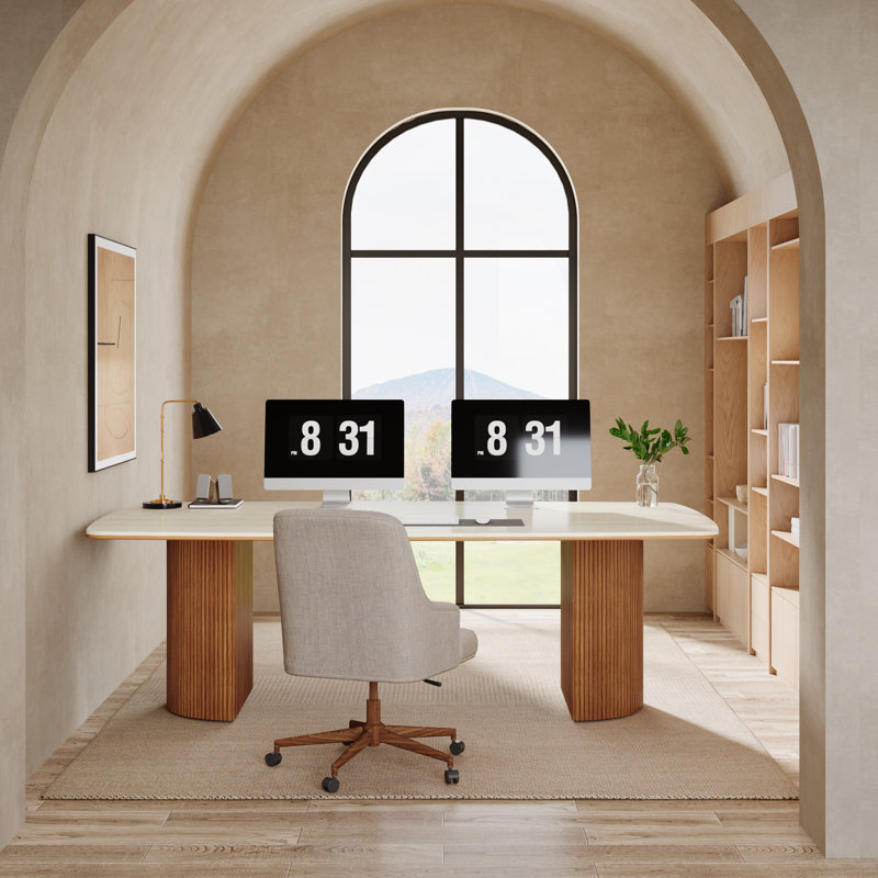 Travertine Slab Computer Desk With Semi-Circular Base In Wax Wood Finish
