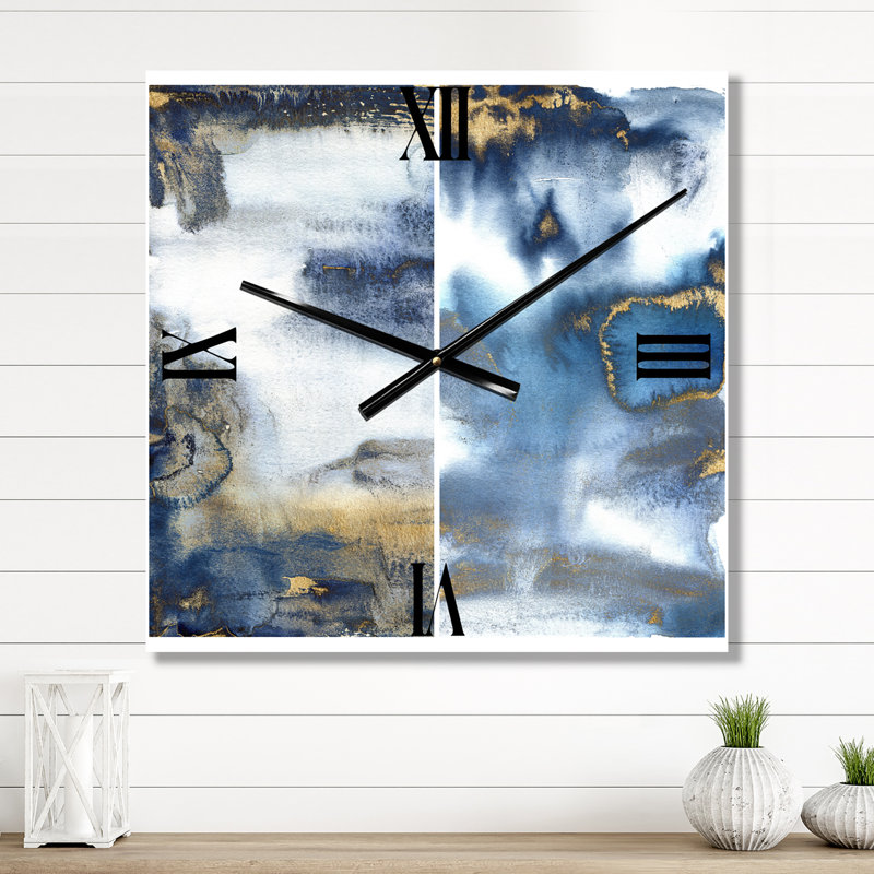 Horloge murale moderne bleu foncé et or abstrait I, Petit