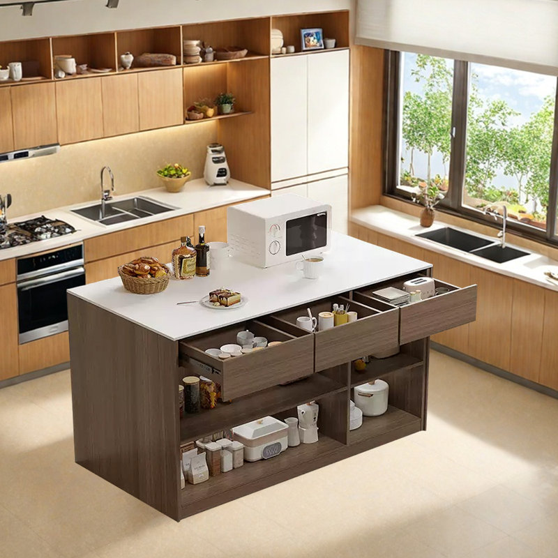 Kitchen Island with Sintered Stone Top, Solid Wood Frame, Drawer and Open Storage, Brown