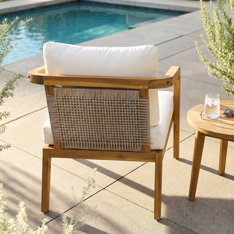 Kanso Modern Minimalist Acacia Wood Outdoor Club Chair with PE Wicker Backrest & Cushions, 1