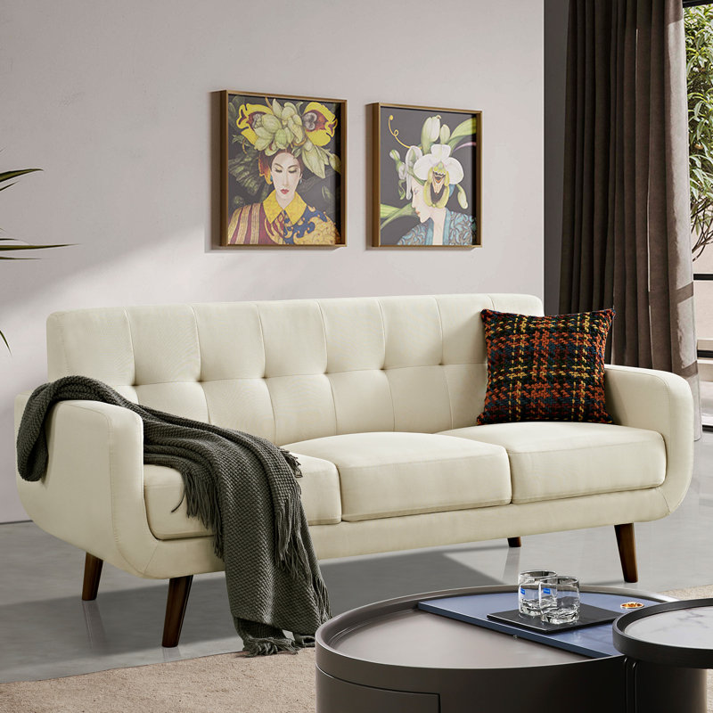Canapé à accoudoirs carrés 71 po Hepburn, 100 % polyester beige, Bois brun foncé