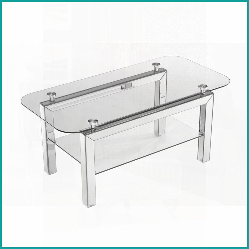 Table basse de salon rectangulaire avec pieds en miroir argentés, rangement à 2 niveaux Surface en verre facile à nettoyer