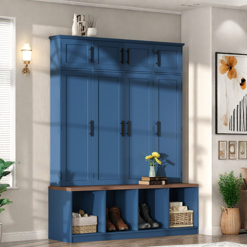 Farmhouse Hall Tree With 4 Hidden Hanging Hooks, 8 Doors, Seating Bench And Shoe Cabinet, Blue