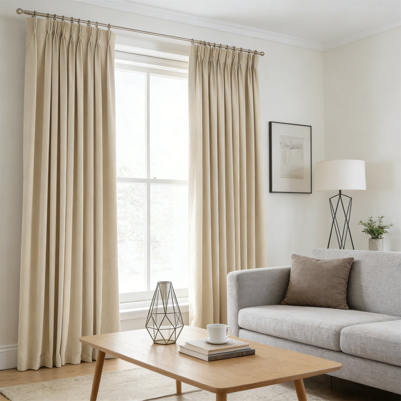 Modern Boho Velvet Pinch Pleated Blackout Curtains 84" Thermal 2 Panels Beige