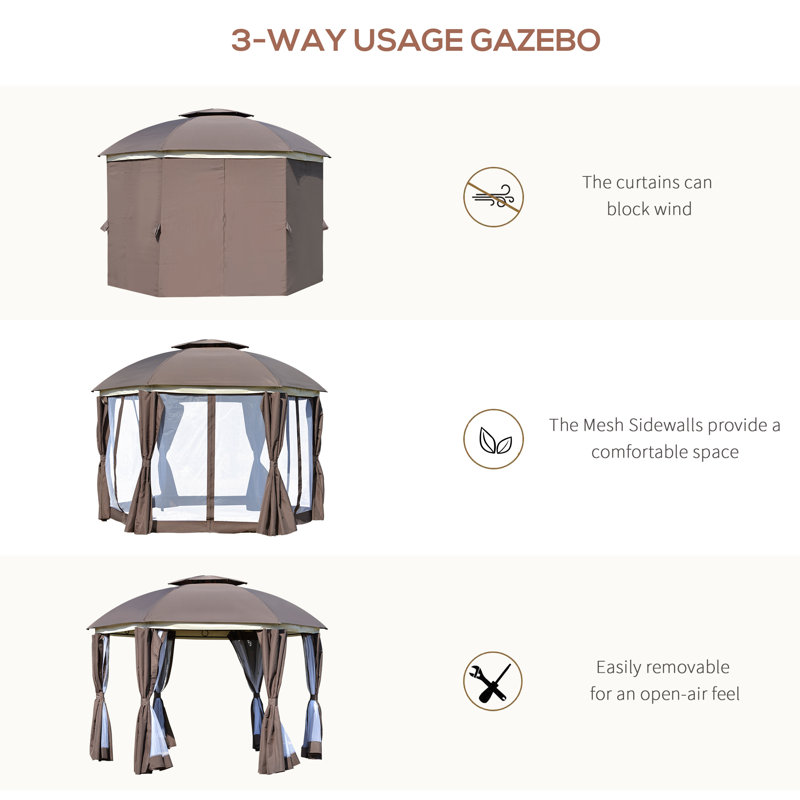Round Outdoor Gazebo with Double Roof - Patio Canopy Shelter with Netting & Curtains