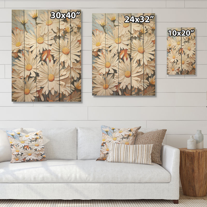 «White Daisy Meadow Elegance» - marguerite en bois, art mural sur bois de pin naturel, H 20 po x l 10 po