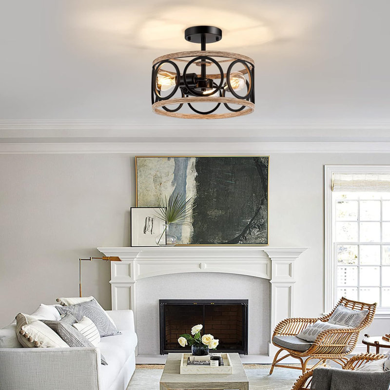 Plafonnier semi-encastré Farmhouse, lustre tambour 3 lumières avec finition chêne, éclairage rustique moderne pour la salle à manger, le salon, la cuisine, le couloir et la chambre à coucher