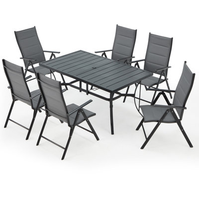 Square 7-Piece Patio Dining Table Set , Modern Patio Furniture Dining Table Set with Aluminum Foldable Dining Chairs and Metal Dining Table, Suitable
