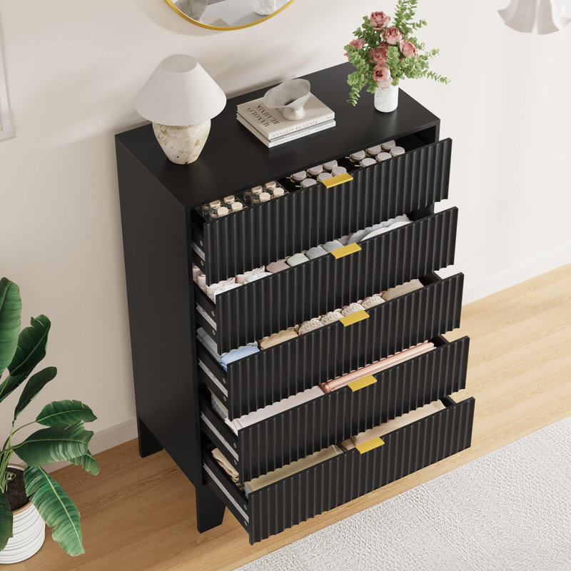 31.5" Wide 5-Drawer Dresser with Gold Handles & Fluted Front, Black