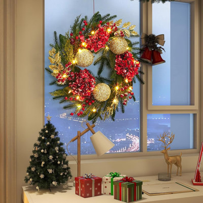 Couronne rouge et or 24 pouces - 20 DEL, 8 modes, résistante à la décoloration pour porte ou mur