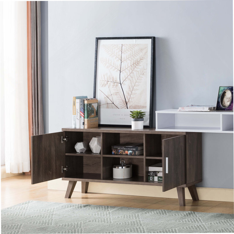 Home Entryway Console Table with Multi- Storage Compartments, Display Cabinet, Hazelnut and White