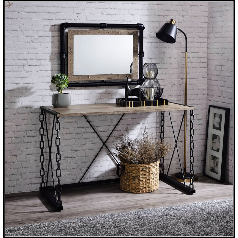 Console Jode en chêne rustique et finition noire antique, parfaite pour les intérieurs industriels et modernes avec beaucoup de rangement.