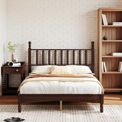 Full Wood Platform Bed with Gourd Headboard, Retro Walnut King-Size Bed with Wooden Slats