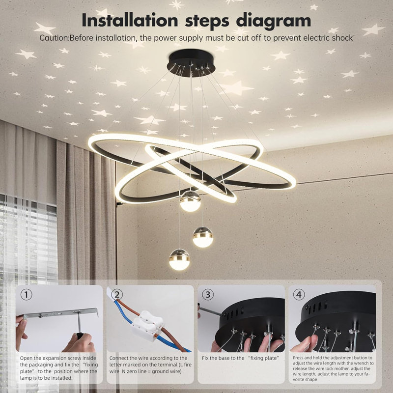 Lustre moderne à DEL, lustre à 3 anneaux pour le salon avec télécommande, lustre à 3 boules à intensité variable avec éclairage mappable, lustre à DEL pour plafond de salle à manger