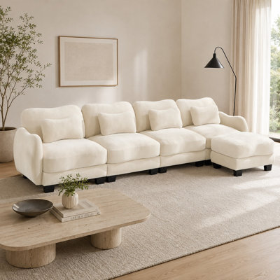 Canapé d'angle incurvé surdimensionné 4 places en chenille avec 1 pouf amovible et coussins lombaires, beige