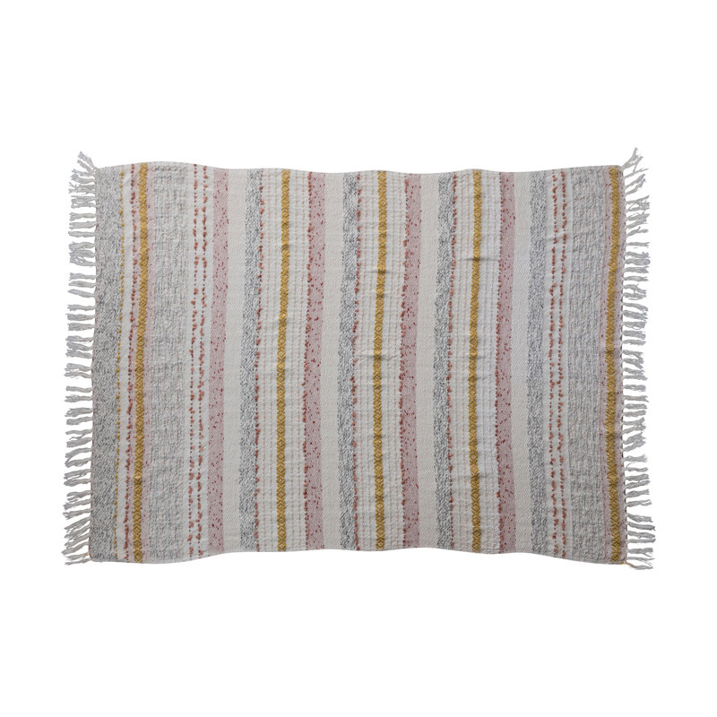 Multicolor Woven Cotton Striped and Embroidered Throw Blanket with Fringe
