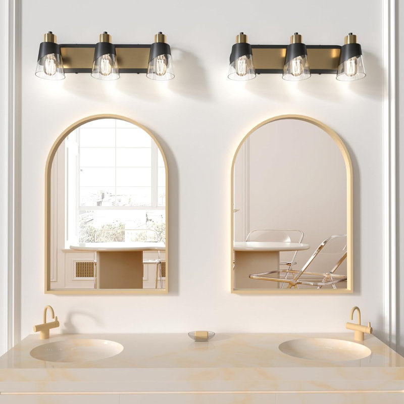 Bathroom Vanity Light Fixture With Bevelled Edge And Clear Glass Shade - Wall Mounted Lamp For Mirror Lighting In Matte Black And Gold Finish