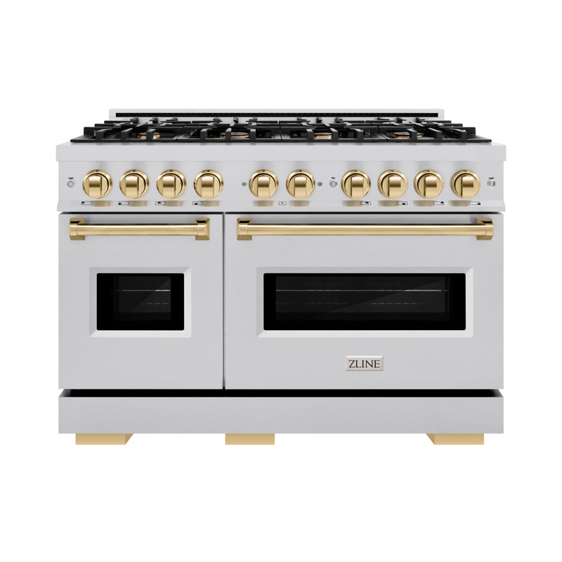 48" Stainless Steel and Gold Double Oven Gas Range with 8 Burners