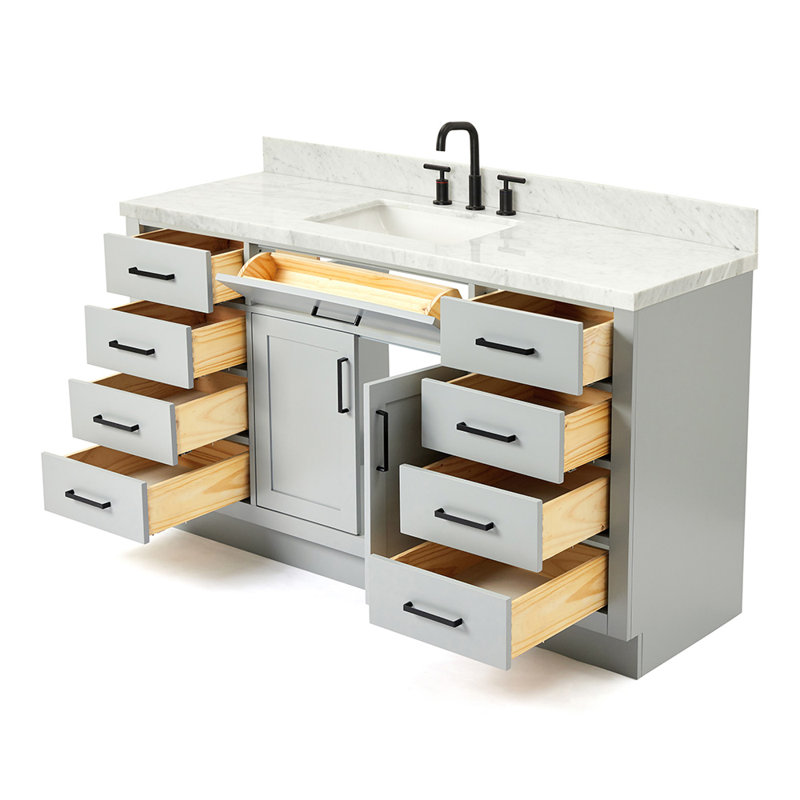 Tidworth Solid Wood Single Bathroom Vanity with 1.5'' Carrara Marble Top, Gray, Rectangular