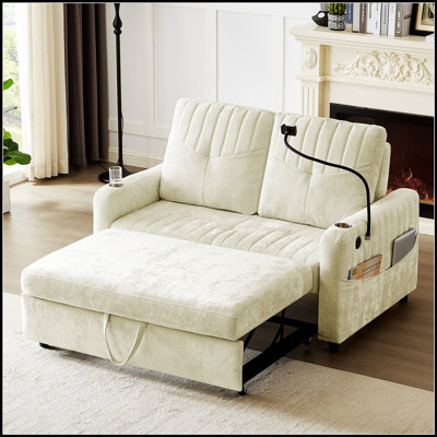 Canapé-lit moderne avec causeuse escamotable avec dossier réglable, porte-gobelets, support pour téléphone, ports de chargement et poches latérales pour le confort du salon