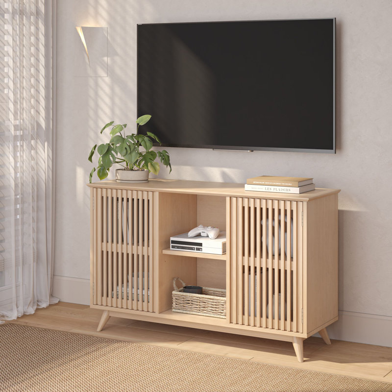 Meuble télé moderne en bois massif Mid-Century, 2 portes avec tablette centrale, Blond