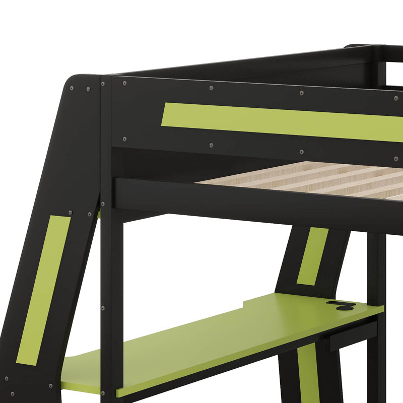Lit superposé double au-dessus de double avec bureau et bande lumineuse à DEL, cadre de lit superposé en bois avec tablettes et USB, œillet à câble