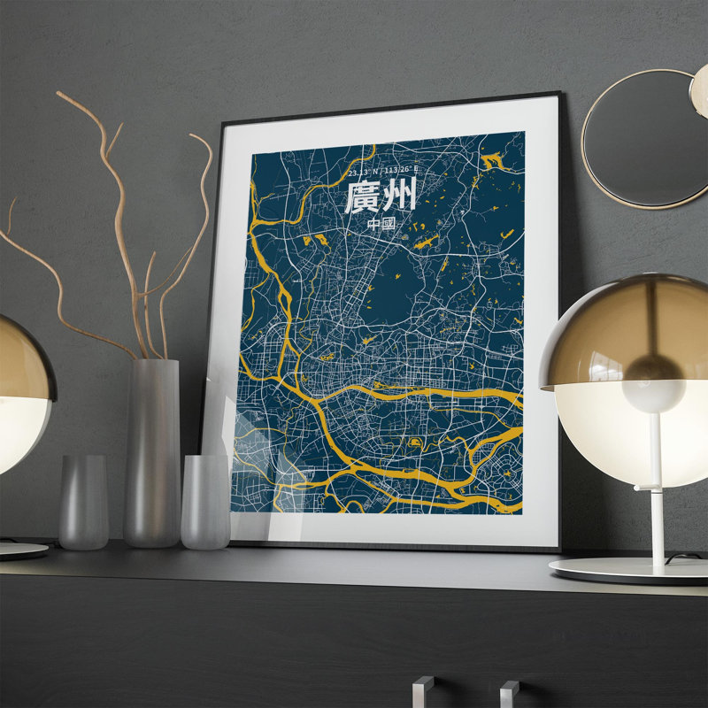 Impression sur carte de la ville de Canton (chinois traditionnel), H 24 po x l 18 po x P 0,05 po, Bleu / jaune