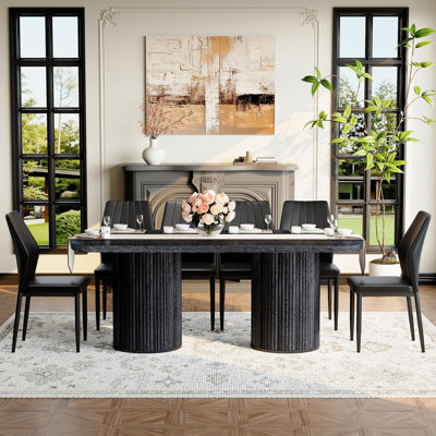 Ensemble de table de salle à manger de 79 po pour 6 personnes, grand ensemble de table de salle à manger pour 6 personnes avec base à double piédestal cannelée et chaises rembourrées