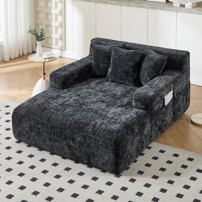 Chenille Chaise Lounge Chair Indoor,Single Sleeper Sofa Chair with Pillows,Comfy Compression Sofa Bed for Livingroom,Bedroom,No Assembly Required-Black