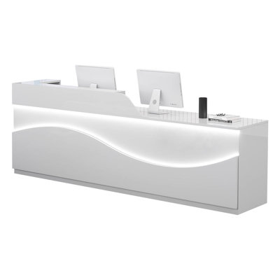 Bureau de réception moderne incurvé de 63 po de largeur avec éclairage d'appoint à DEL, tiroirs verrouillables, comptoir de transaction et structure en acier