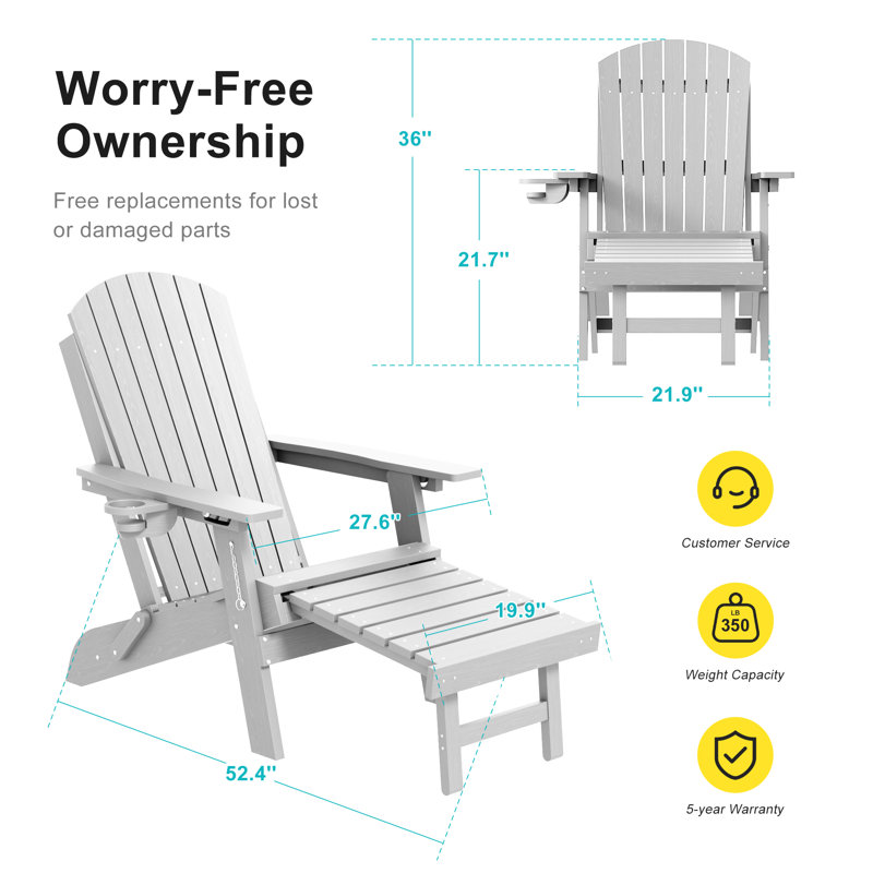Folding Adirondack Chair with Retractable Ottoman & Cup Holder, 3-Position Adjustable for Patio, All-Weather Outdoor Seating