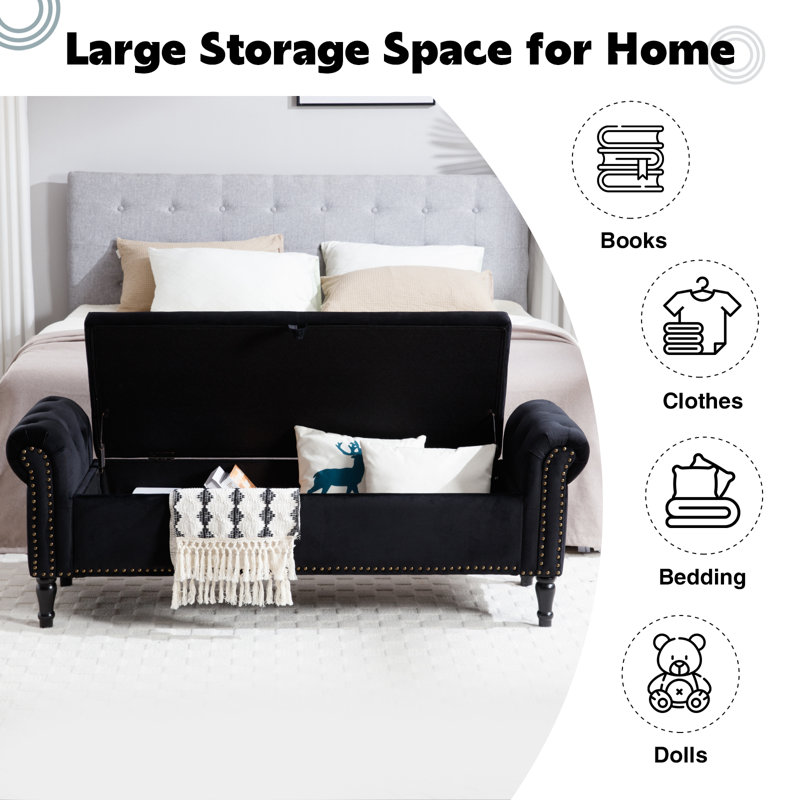 67'' Upholstered Velvet Storage Bench for Bedroom End with Button-Tufted Seat and Roll Arms, Black