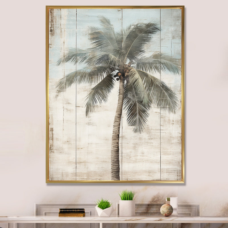 Palmier tropical dans des couleurs rétro délavées - prairie, art mural, H 20 po x l 12 po x P 1 po, Cadre flottant doré