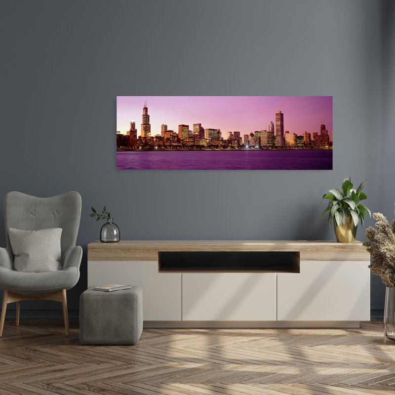 Horizon au coucher du soleil, Chicago, Illinois, art contemporain abstrait coloré de la ville, H 16 po x l 48 po