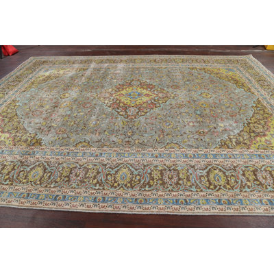 Tapis gris en laine noué à la main de conception unique 9 pi 8 po x 13 pi