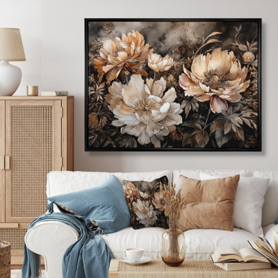 Cream Brown Peony Blooms In Motion - Peonies Framed Canvas Print
