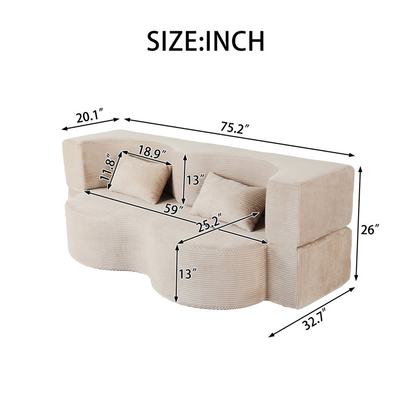 Canapé d'intérieur pour espace de vie, canapé-lit pliable 2-en-1, canapé-lit compressible convertible de 75 pouces avec 2 coussins